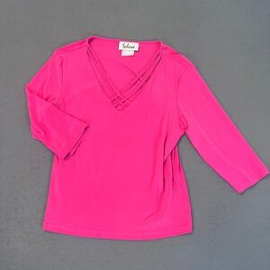 Selene Hot Pink Strappy Lattice V-Neck 3/4 Sleeve Top Large Made in Canada VTG